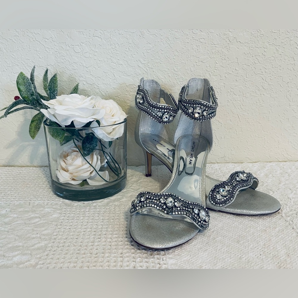 Antonio Melani Sadina Silver Rhinestone High Heels Wedding -Size 8.5 EUC WORN 1X